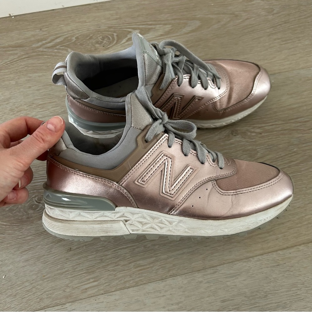New Balance pink gold running shoes 574